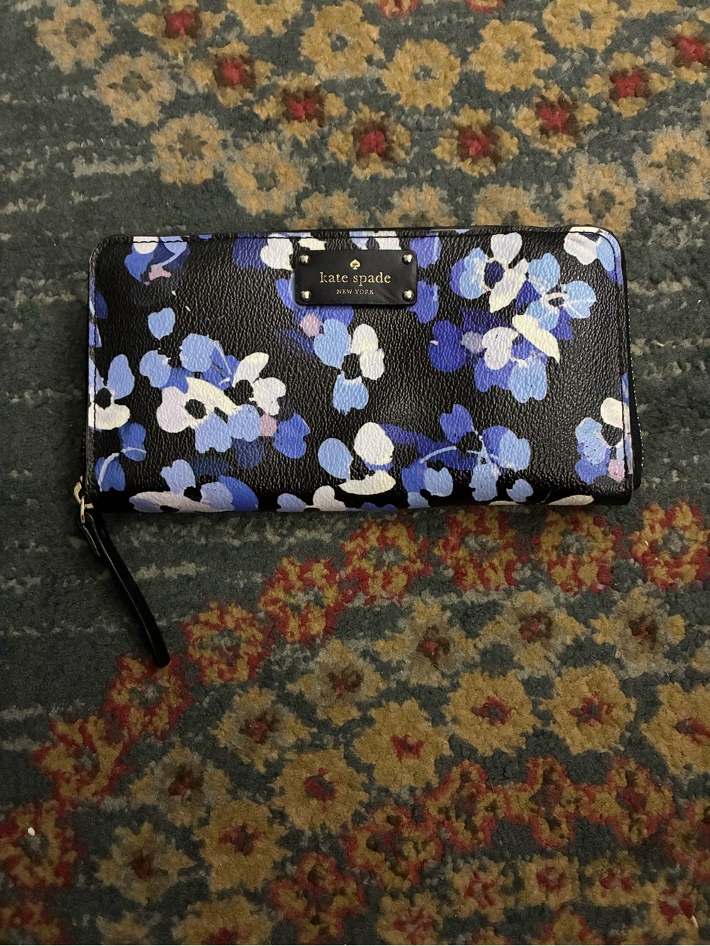 kate spade Black Floral Zip Around Wallet with Blue and White Blooms